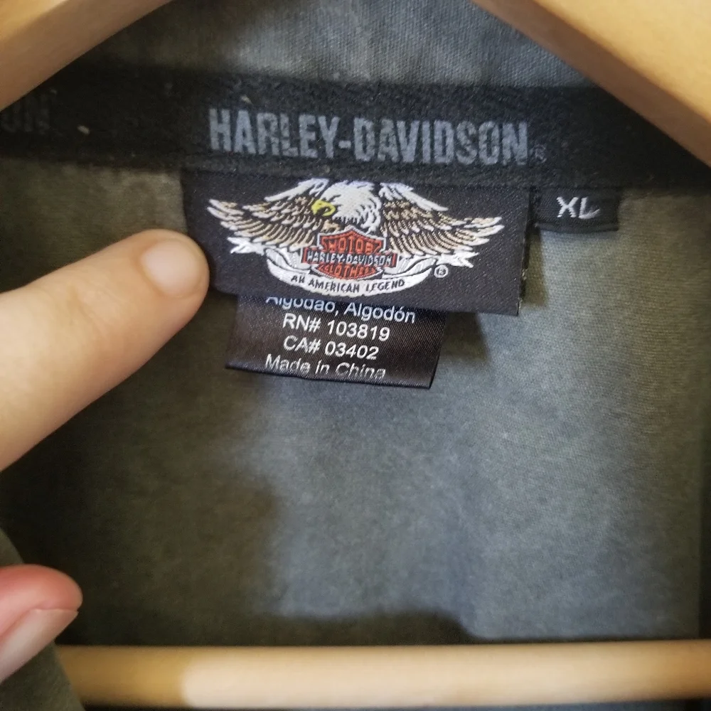 Harley Davidson Gray Embroidered Patched Military Style Button Shirt Motorcycle - Picture 6 of 7